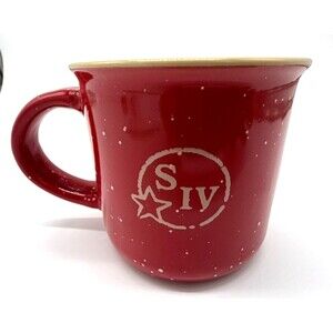Makers Mark Bourbon Whiskey Coffee Cup Red Tan Speckled Ceramic Enamelware